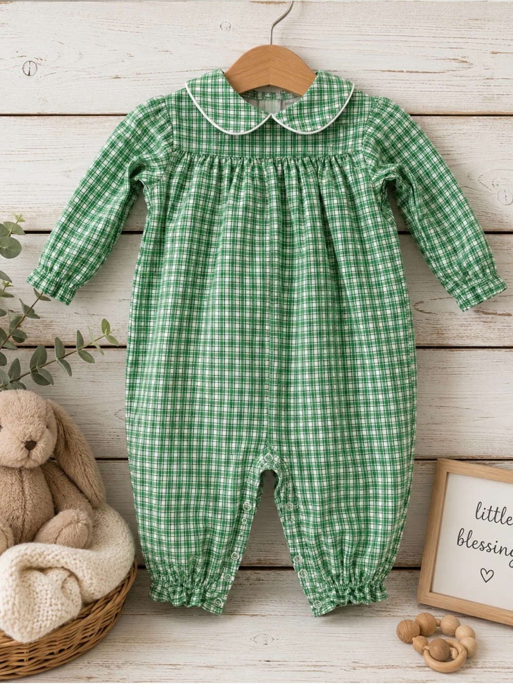 Green Gingham Baby One-Piece with Peter Pan Collar size 18 months
